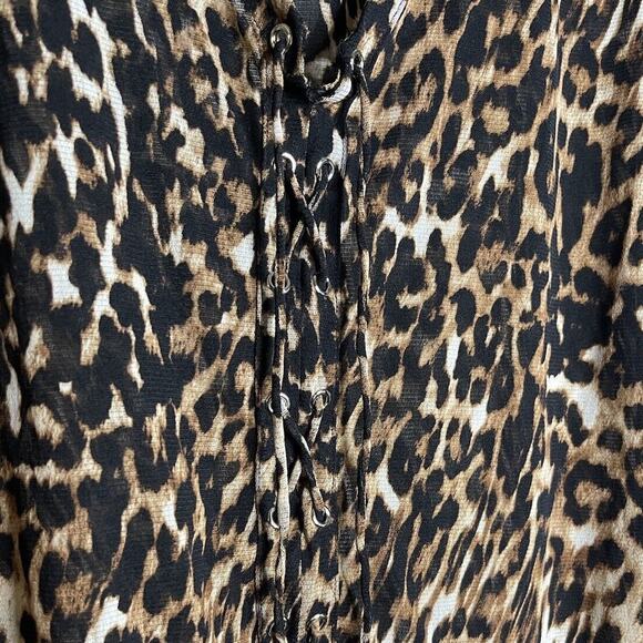 INC Large Blouse Sheer Animal Print Cheetah Leopard Lace-Up Elastic Cuff Metal - Picture 2 of 9